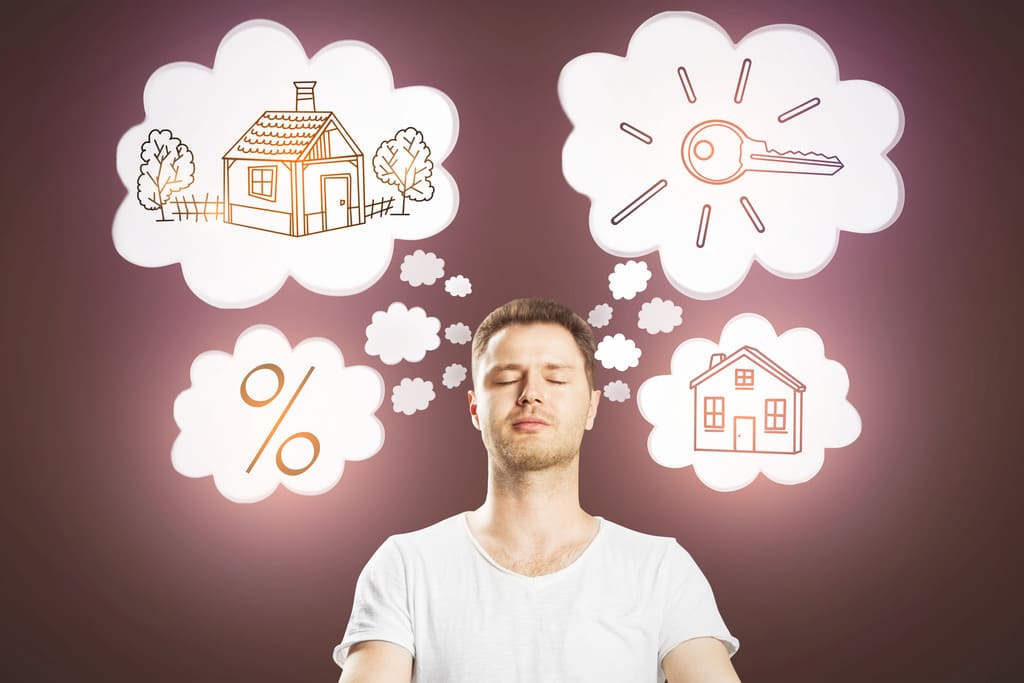 Человек в окружении иконок «дом», «долг», «проценты» – отражение тревоги и стресса заемщика при займе под обеспечение имущества.