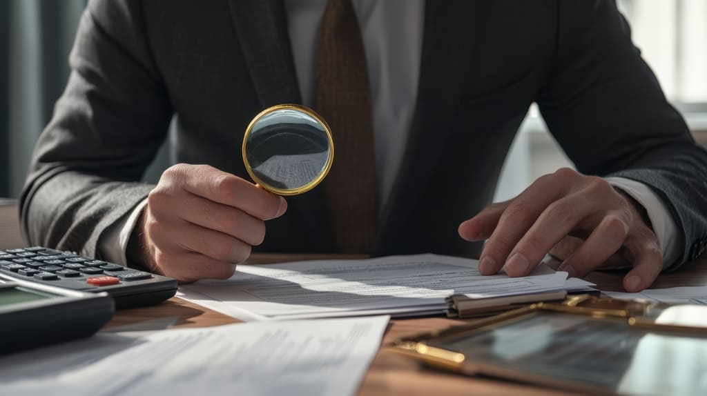Калькулятор, трудовой договор и лупа на столе – символ тщательной проверки оклада и зарплаты перед трудоустройством