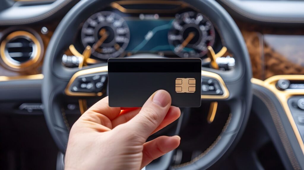 мужчина - представитель Альфа-Банка помогает клиенту сориентироваться по банковскому продукту