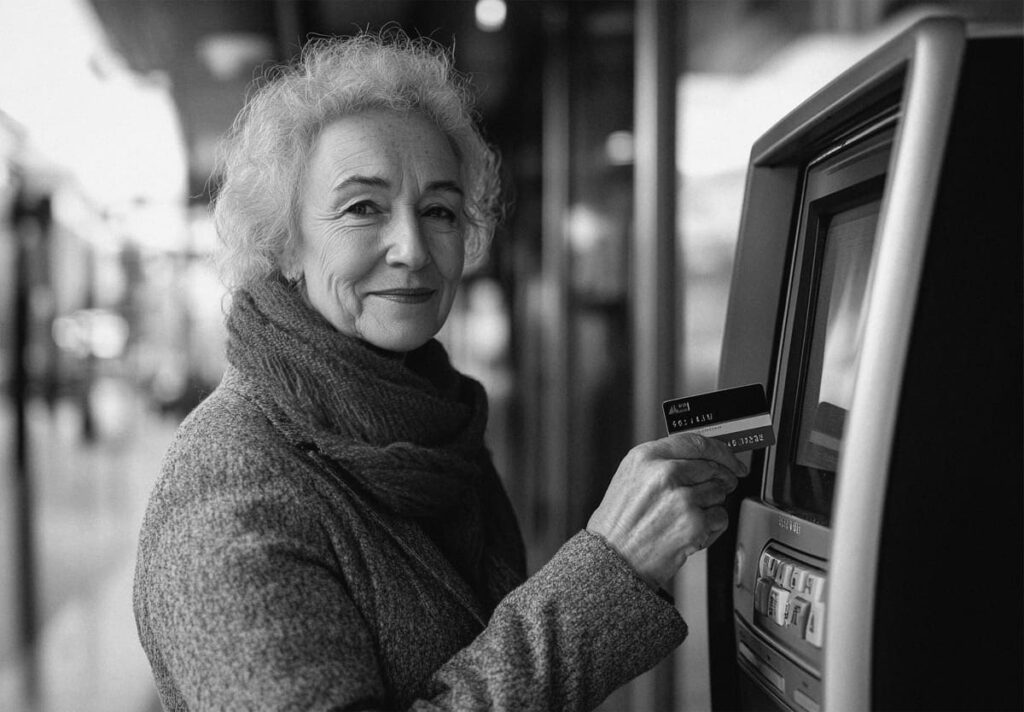 Пожилой человек проверяет баланс через банкомат, чтобы убедиться в поступлении выплат на новый счет