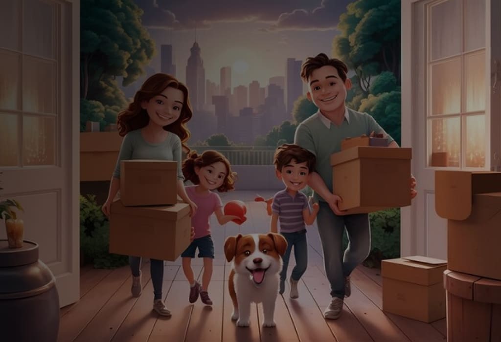 Довольная семья на фоне новоселья, символ успешного использования материнского капитала для погашения кредита и улучшения семейного бюджета