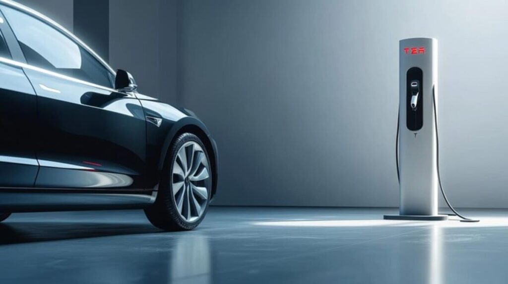 Электромобиль на зарядке — иллюстрация госпрограммы льготного автокредитования 2025