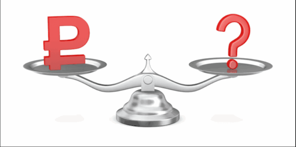 Весы с рублем и вопросом – символ рисков и ограничений при вложениях 