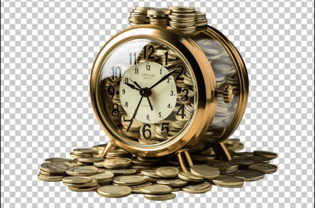 Часы и монеты, символизирующие изменения во времени и финансах