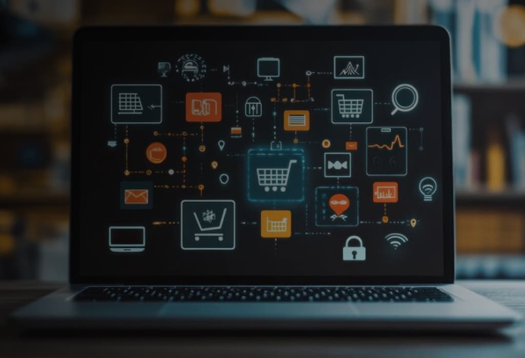 Изображение онлайн-кассы с выделенными элементами передачи данных, демонстрирующее технический процесс обмена фискальной информацией и защиту данных