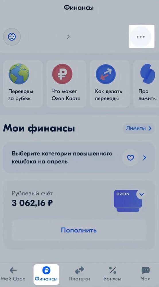 Раздел "Финансы" в Озон Банке