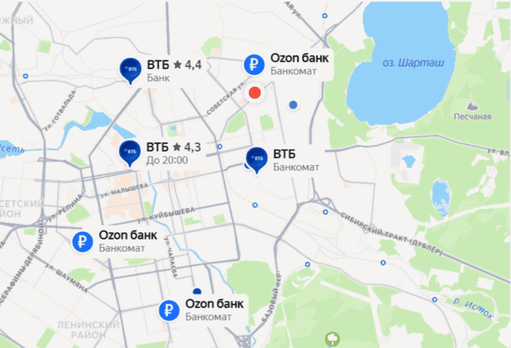 Карта с банкоматами Озон Банка: красные точки – местоположение пользователя, синие – снятие наличных без комиссии
