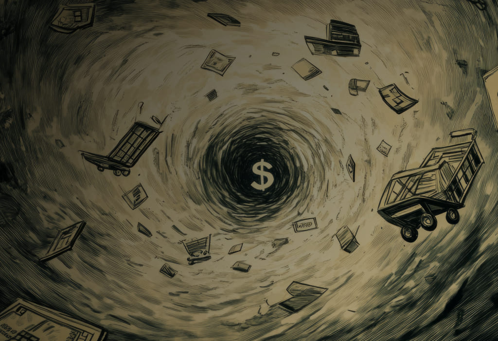 Визуализация незаконного списания денег с карты Озон Банка – купюры, уходящие в черную дыру, символ потери средств