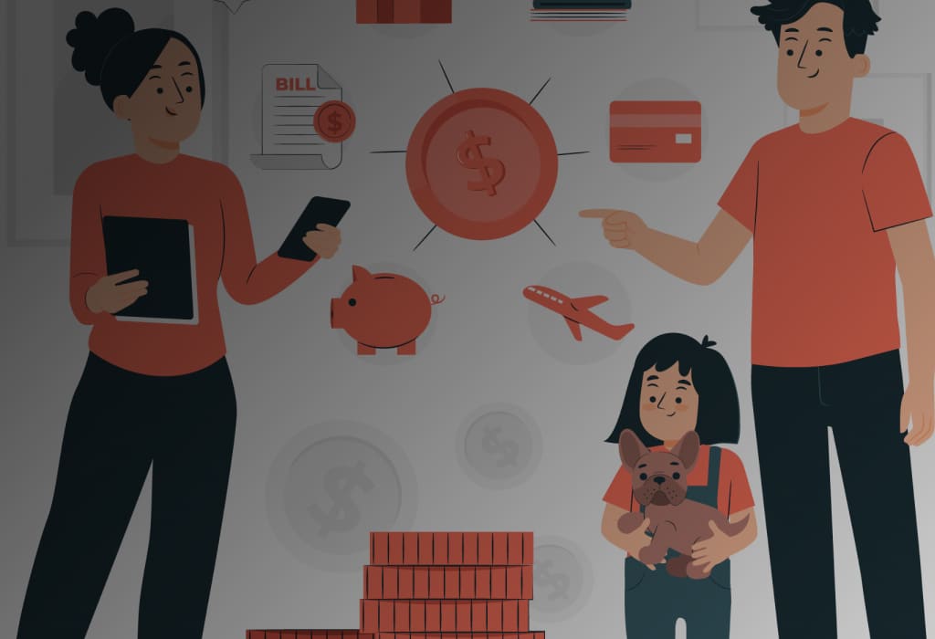 Иллюстрация семейного бюджета – копилка, монеты и семья рядом