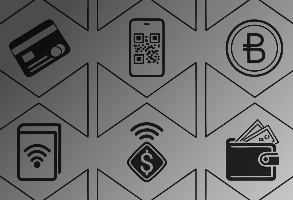 Иконки способов оплаты самозанятых: карта, телефон, QR-код, электронный кошелек и терминал для вывода средств на карту